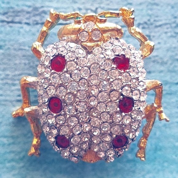Vintage Jewelry - Vintage Rhinestone red white & gold Beetle Bug brooch pin